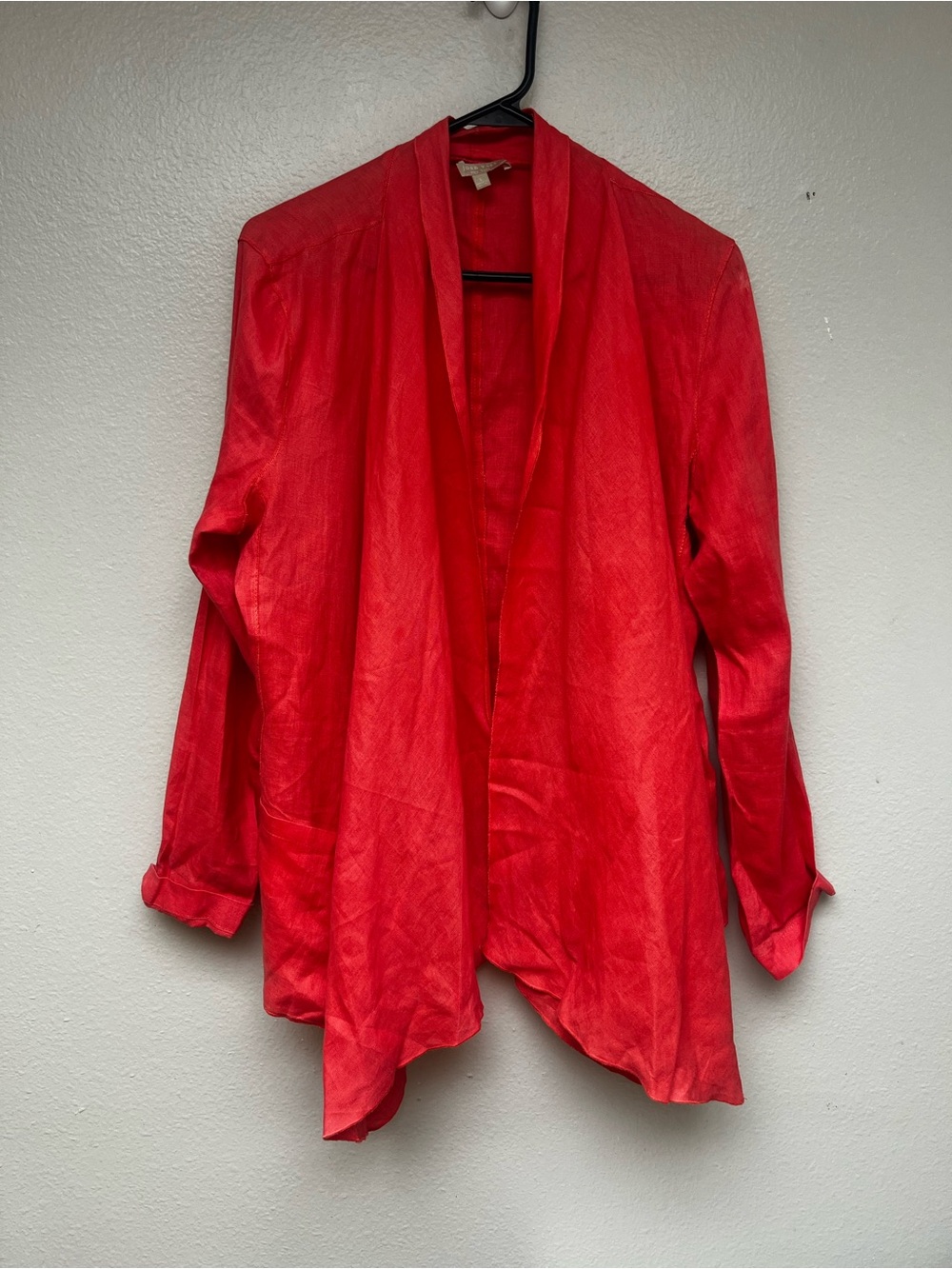 Joan Vass Coral Red Linen Cardigan Lightweight Open Front Long Sleeve Sz L
